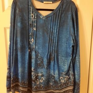 Fantaslook Blue Floral‑Border Pleated V‑Neck Long Sleeve Tunic Women’s XL